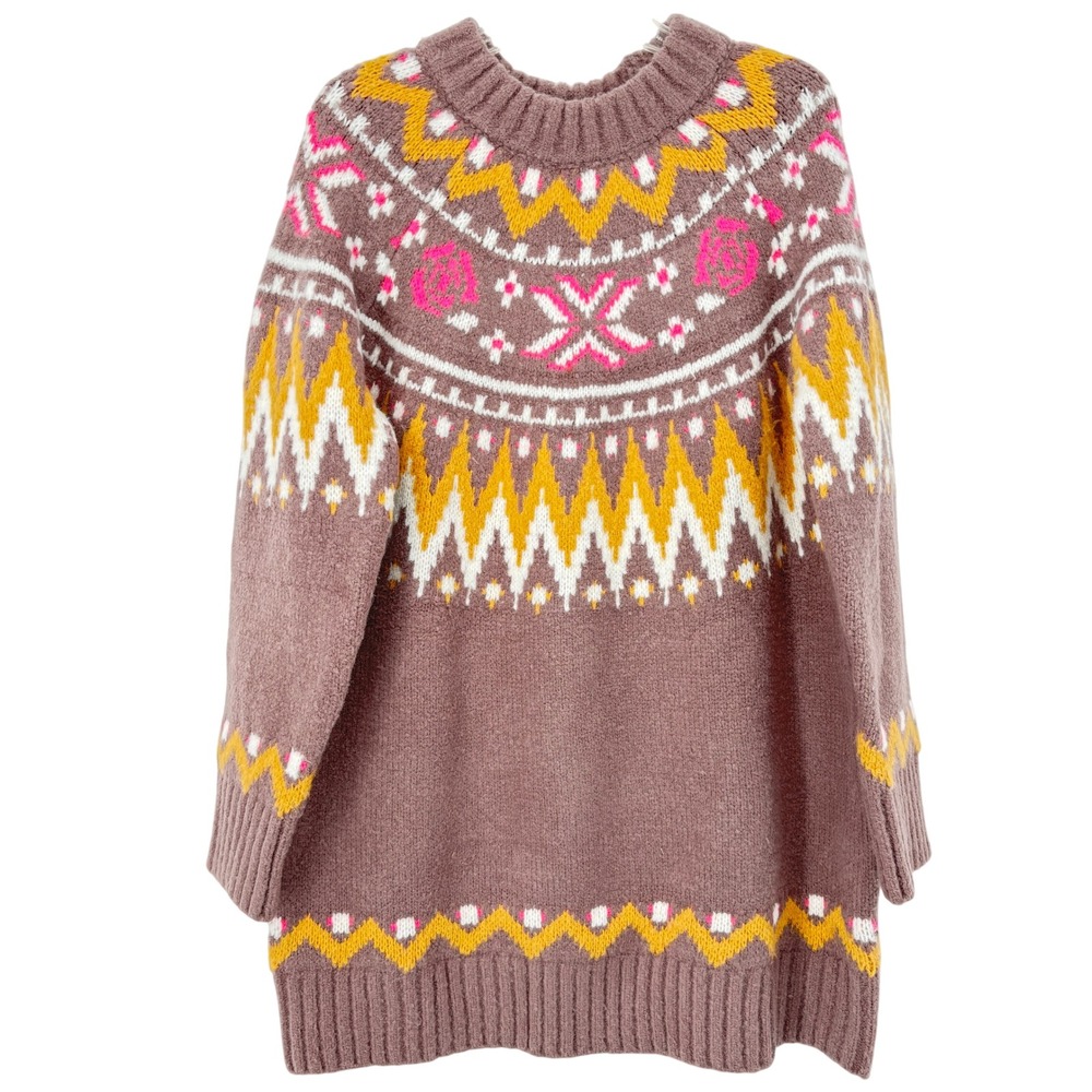 Bluivy Fair Isle Sweater Oversized S/M Brown Pink Gold Big Cozy Warm Nordic Boho
